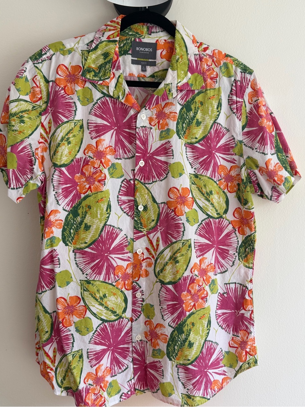 Bonobos White Short-Sleeve Floral Button-Down with Pink, Green & Orange Print